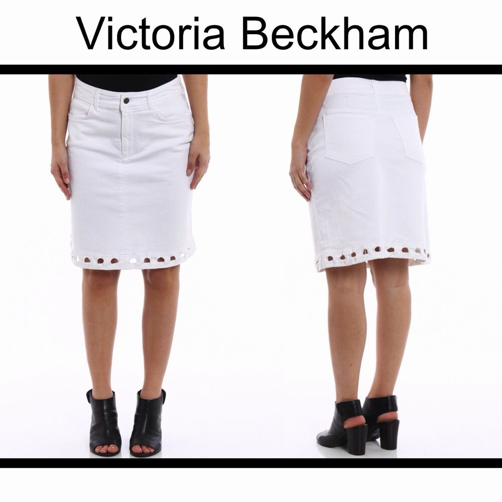 Victoria Beckham Denim A-Line Skirt White Cutout Ribbon Hem Sz 4